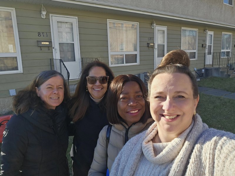 Tour of RAP centre in Manitoba_Rosario, Abimbola, Danielle with Flora of Accueil Francophone