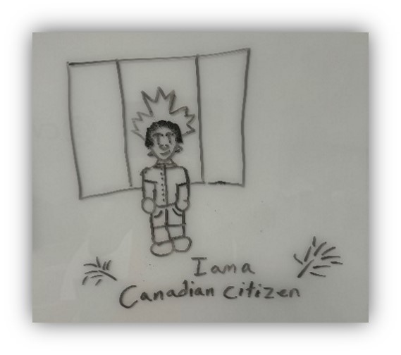 Drawing of a boy standing in front of a Canadian flag with the text 